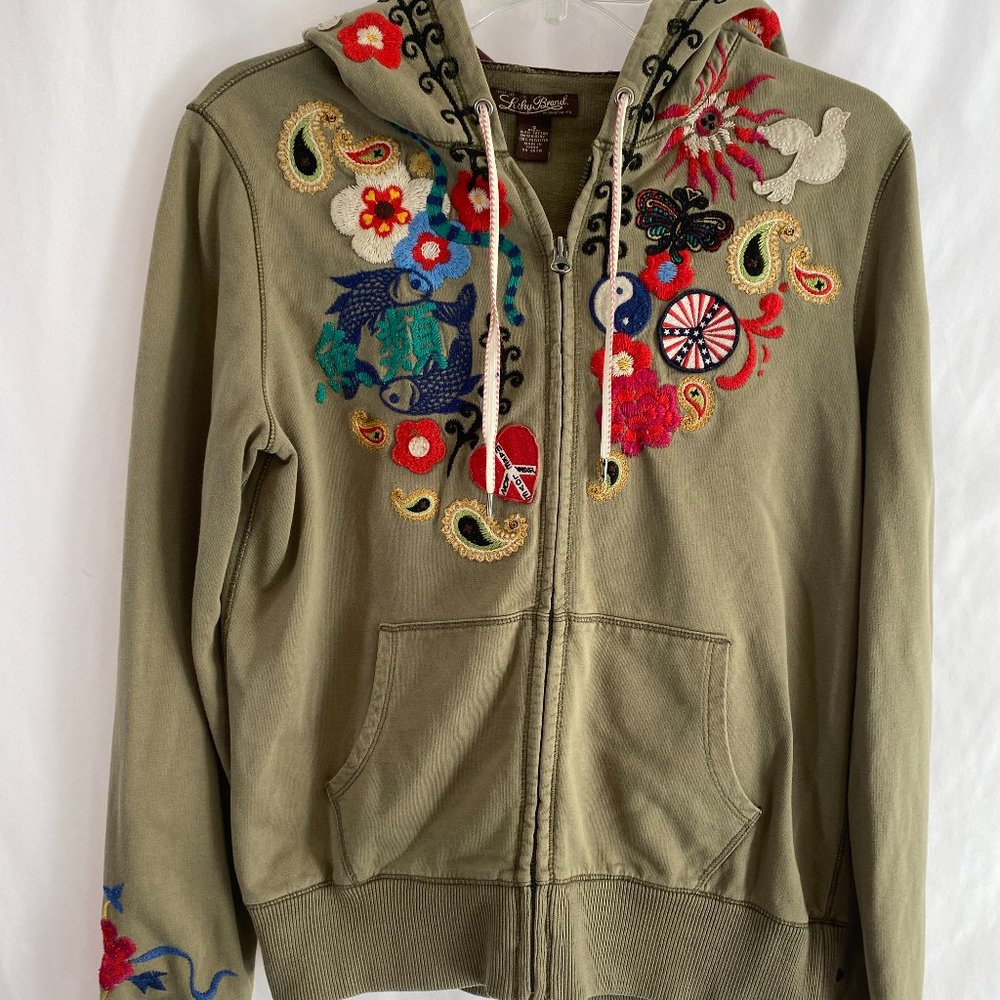 SOLD Lucky Brand Embroidered Khaki Green Zip Front Hoodie Sweatshirt NWOT - Picture 8 of 14